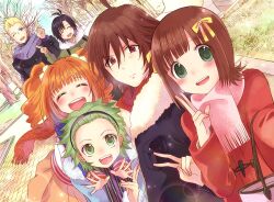  3boys 3girls :d ^_^ ahoge amagase_touma amami_haruka antenna_hair ayuko_(ayuco) black_hair black_hairband black_jacket blonde_hair blush brown_hair brown_skirt closed_eyes closed_mouth commentary_request day dutch_angle green_eyes green_hair hairband hand_up idolmaster idolmaster_(classic) idolmaster_side-m ijuuin_hokuto jacket kikuchi_makoto looking_at_viewer mitarai_shouta multiple_boys multiple_girls open_mouth orange_hair outdoors pink_scarf red_eyes red_jacket scarf selfie short_hair skirt smile takatsuki_yayoi twintails v 