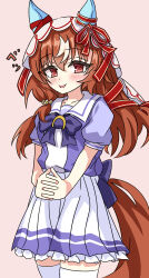  1girl absurdres animal_ears blush bow bowtie breasts brown_hair closed_mouth collarbone ear_covers ear_ribbon hair_between_eyes hair_ornament highres horse_ears horse_girl horse_tail interlocked_fingers long_hair looking_at_viewer multicolored_hair pleated_skirt puffy_short_sleeves puffy_sleeves purple_bow purple_bowtie purple_shirt red_eyes red_ribbon ribbon sailor_collar sailor_shirt school_uniform shirt short_sleeves skirt small_breasts smile solo still_in_love_(umamusume) streaked_hair tail thigh-highs tongue tongue_out tracen_school_uniform umamusume veil white_sailor_collar white_skirt white_streaks white_thighhighs white_veil ziromaru765 