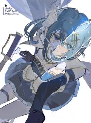  1girl air_bubble arm_strap armor bandaged_head bandages blue_armor blue_eyes blue_gloves blue_hair blue_skirt breastplate breasts bubble cape closed_mouth commentary_request covered_mouth cowboy_shot detached_sleeves fortissimo frills from_above gloves gold_trim hair_ornament hair_ribbon highres light_blush long_sleeves looking_at_viewer magical_girl mahou_shoujo_madoka_magica mahou_shoujo_madoka_magica:_walpurgis_no_kaiten medium_breasts miki_sayaka miki_sayaka_(magical_girl) musical_note musical_note_hair_ornament ouge_dz pleated_skirt ribbon shirt sitting skirt solo split_theme strapless strapless_shirt sword thick_eyelashes thigh-highs weapon white_background white_cape white_ribbon white_shirt white_thighhighs 
