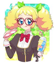  1girl :q afro_puffs aikatsu! aikatsu!_(series) blonde_hair blue_eyes bow bowtie breasts closed_mouth collared_shirt commentary_request crepe cropped_torso cup disposable_cup dream_academy_school_uniform drink drinking_straw eating food food_on_face fruit glasses green_ribbon hair_ribbon holding holding_crepe holding_drink holding_food juliet_sleeves licking_lips long_sleeves moudoku_(decopon3rd) puffy_sleeves red-framed_eyewear red_bow red_bowtie ribbon saegusa_kii school_uniform shirt small_breasts solo strawberry tongue tongue_out whipped_cream white_shirt 