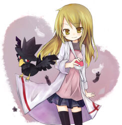  1girl amakaze_sora bag black_feathers black_skirt black_thighhighs borrowed_character breasts brown_eyes brown_hair closed_mouth commentary_request feathers grey_jacket holding holding_poke_ball jacket long_hair long_sleeves looking_at_viewer murkrow open_clothes open_jacket original pelvic_curtain pink_shirt poke_ball poke_ball_(basic) pokemon pokemon_(creature) red_eyes shirt shoulder_bag skirt small_breasts smile thigh-highs 