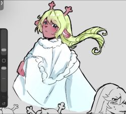  1girl 2026 2d animal_ears animal_nose anthro antlers art_program_in_frame blonde_hair blush_stickers body_fur brown_fur buck_teeth capelet closed_eyes cropped_head deer deer_ears deer_girl deltarune digital_media fairyctrl female female_only floating_hair fur-trimmed_capelet fur_trim furry furry_female grey_background long_hair long_sleeves looking_at_viewer mammal monochrome noelle_holiday noelle_holiday_(dark_world) open_mouth pom_pom_(clothing) procreate_(medium) reindeer reindeer_girl robe simple_background solo teeth utdr_(toby_fox) white_capelet white_robe 