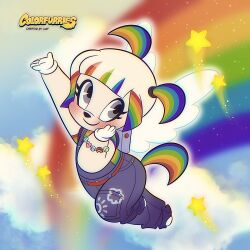  1girl animal_nose blue_overalls blue_sky blunt_bangs blush bracelet cartoon_wings clouds cloudy_sky colored_sidelocks colored_tips df030201 faux_retro_artstyle full_body gloves grey_hair hand_on_own_cheek hand_on_own_face highres jewelry multicolored_hair original overalls plump rainbow rainbow_print rainbow_shirt rainbow_tail shirt short_twintails sky smile solo star_(symbol) toon_(style) twintails white_gloves 