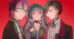  1girl 2boys absurdres acowbarks ahoge black_hair black_shirt braid breasts chest_tattoo collar collared_shirt commentary crossed_bangs doppio_dropscythe doppio_dropscythe_(1st_costume) ear_piercing earrings eyebrow_piercing face_piercing fang hair_between_eyes hand_on_own_chest highres jacket jewelry large_breasts long_hair looking_at_viewer meloco_kyoran meloco_kyoran_(1st_costume) multicolored_hair multiple_boys necktie nijisanji nijisanji_en parted_lips pendant piercing purple_hair purple_necktie red_eyes shirt short_hair side_braids skin_fang spider_web_tattoo streaked_hair tattoo untranslatable_commentary upper_body ver_vermillion ver_vermillion_(1st_costume) violet_eyes virtual_youtuber watermark white_hair xsoleil yellow_eyes 