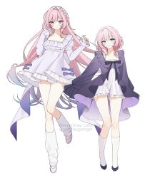  2girls alternate_costume aqua_hair black_shoes blue_eyes breasts commentary cyrene_(demiurge)_(honkai:_star_rail) cyrene_(honkai:_star_rail) cyrene_(philia093)_(honkai:_star_rail) diamond-shaped_pupils diamond_(shape) dress dual_persona highres honkai:_star_rail honkai_(series) laurel_crown leg_warmers long_hair looking_at_viewer medium_breasts multicolored_hair multiple_girls pink_hair pointy_ears shoes sieparrmou simple_background small_breasts smile socks symbol-shaped_pupils thighs two-tone_hair untranslatable_commentary very_long_hair violet_eyes white_background white_dress white_hair white_leg_warmers white_shoes white_socks 