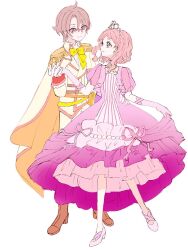  1boy 1girl alternate_costume aqua_eyes boots bow bowtie brown_boots brown_hair cape closed_mouth collared_shirt commentary_request couple dancing dress dress_ribbon epaulettes eye_contact eyelashes formal_clothes frilled_dress frills full_body glasses gloves hair_between_eyes happy hetero high_heel_boots high_heels highres holding_hands holding_own_dress inukai_iroha jacket looking_at_another macaron_nhm medium_dress orange_cape pants pink_dress pink_gloves pink_hair pink_ribbon pink_shoes precure puffy_short_sleeves puffy_sleeves pumps red-framed_eyewear ribbon shirt shoes short_hair short_hair_with_long_locks short_sleeves sidelocks simple_background smile standing striped_clothes striped_dress suit suit_pants tiara toyama_satoru tuxedo two-sided_cape two-sided_fabric vertical-striped_clothes vertical-striped_dress wavy_hair white_background white_cape white_jacket white_pants white_shirt white_suit wonderful_precure! yellow_bow yellow_bowtie 