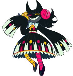  1girl animal_ears asymmetrical_legwear bell black_dress black_eyes black_hair black_skin bow bowtie cat_ears cat_girl colored_sclera colored_skin commentary deltarune dress english_commentary friend_(deltarune) full_body grin hair_bell hair_ornament highres humanization jojomama38 looking_at_viewer mismatched_legwear mismatched_socks neck_bell personification pink_sclera pink_socks sleeves_past_fingers sleeves_past_wrists smile socks solo striped_clothes striped_socks utdr_(toby_fox) white_background white_bow white_bowtie yellow_sclera yellow_socks 