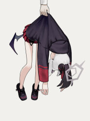  1girl 1other absurdres black_hair black_hoodie black_horns black_shoes blue_archive carrying carrying_person commentary demon_horns demon_wings earclip grey_background grey_halo halo highres hood hoodie horns kayoko_(blue_archive) long_sleeves low_wings miniskirt multicolored_hair out_of_frame pulling_another's_clothes purple_wings red_skirt shoes simple_background single_wing skirt two-tone_hair untranslatable_commentary white_hair wings yoon_cook 