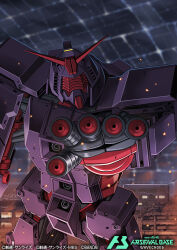  aiming aiming_at_viewer amasaki_yusuke bandai beam_cannon building chest_cannon cityscape commentary_request copyright_notice finger_cannon gundam gundam_arsenal_base gundam_gquuuuuux logo mecha mecha_focus mixed-language_text mobile_armor night no_humans o'neill_cylinder official_art psycho_gundam_(gquuuuuux) realistic red_assault_visor robot scene_reference science_fiction space_habitat spacecraft_interior title v-fin window 