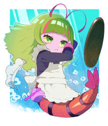  1girl antenna_hair apron black_dress closed_mouth colored_sclera colored_skin commentary_request dress elda_(precure) fang fang_out full_body green_eyes green_hair horizontal_pupils long_hair long_sleeves maid maid_headdress moudoku_(decopon3rd) multicolored_hair pink_hair pink_skin precure shrimp_girl shrimp_tail solo streaked_hair tropical-rouge!_precure two-tone_hair white_apron yellow_sclera 