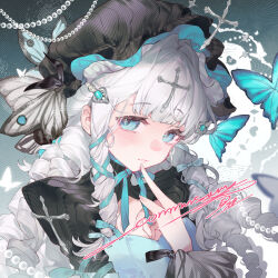  1girl black_dress black_hat blue_background blue_bow blue_butterfly blue_eyes bow bug butterfly closed_mouth commission dress drill_hair hair_bow hand_up hat highres long_hair looking_at_viewer mihuashi_commission mob_cap original portrait si_ji_huagaole_ma solo white_hair 