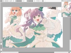  3girls :d art_program_in_frame ascot black_hair blunt_ends bob_cut buttons cerise_bouquet cropped_jacket double-breasted frilled_sleeves frills green_ascot green_eyes green_hat green_skirt green_vest hana_sakeba_yume_kakeru hat highres hinoshita_kaho jacket long_hair long_sleeves looking_at_viewer love_live! love_live!_hasu_no_sora_jogakuin_school_idol_club love_live!_hasu_no_sora_jogakuin_school_idol_club_bloom_garden_party medium_hair mini_hat mini_top_hat momose_ginko multiple_girls open_clothes open_jacket open_mouth orange_hair otomune_kozue pants pantyhose puffy_long_sleeves puffy_sleeves purple_hair ruoguiling shirt short-sleeved_jacket short_hair short_sleeves side_ponytail sidelocks simple_background skirt sleeveless sleeveless_jacket smile tilted_headwear top_hat two_side_up unfinished vest virtual_youtuber white_background white_jacket white_pants white_pantyhose white_shirt white_skirt 