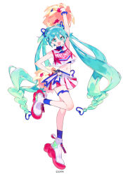 1girl :d aqua_eyes aqua_hair black_shirt braid character_name cheerleader commentary_request company_name copyright_notice crop_top figure_available full_body hair_between_eyes hatsune_miku heart highres holding holding_pom_poms leg_up merchandise_available multicolored_skirt noco_(adamas) official_art pink_skirt pleated_skirt pom_pom_(cheerleading) shirt shoes simple_background skirt smile solo star_(symbol) twintails vocaloid white_background white_shirt white_shoes white_skirt 