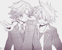  2boys blazer commentary_request jacket jitome kudoh_mamoru male_focus misao monochrome multiple_boys necktie official_art school_uniform seeen short_hair smile yuuki_tohma 