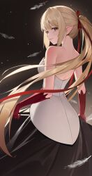  1girl black_dress blonde_hair breasts closed_mouth dress falling_feathers feathers gloves highres kiss-shot_acerola-orion_heart-under-blade large_breasts looking_at_viewer monogatari_(series) oshino_shinobu ponytail red_gloves simple_background smile user_wrjf3355 yellow_eyes 