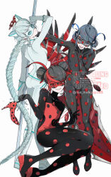  3girls black_bodysuit black_hair black_mask blue_eyes blue_sclera bodysuit braid colored_sclera commentary double_bun eye_mask greatsword hair_bun hair_ribbon high_heels highres holding holding_single_shoe holding_staff lady_noir long_hair marinette_dupain-cheng mask miraculous_ladybug multicolored_hair multiple_girls multiple_persona polka_dot_bodysuit red_bodysuit red_eyes red_hair red_mask red_pupils red_ribbon ribbon seio_(nao_miragggcc45) shadybug single_braid staff streaked_hair sword twintails twitter_username untranslatable_commentary very_long_hair watermark weapon white_bodysuit white_mask 