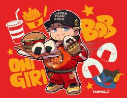  1boy badge beard blonde_hair blue_eyes bob_(tekken) burger button_badge character_name chibi chibi_only clothes_writing commentary devil_(tekken) english_text facial_hair fat fat_man fingerless_gloves food food_name french_fries full_body gloves hat_writing jacket kotomaru_(kotokoto_kottan) looking_at_viewer male_focus mishima_kazuya mustache onigiri pants red_jacket red_pants shoes signature sneakers tekken tekken_8 yellow_shoes 