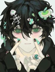  1boy bags_under_eyes bandaid bandaid_on_cheek bandaid_on_face bandaid_on_finger bandaid_on_hand black_hair black_hoodie black_nails blush bow closed_mouth collared_shirt commentary_request degrees_of_lewdity expressionless fingernails fish_skeleton_hair_ornament green_background green_bow green_eyes hair_between_eyes hair_bow hair_ornament heart heart_hair_ornament highres hood hood_down hoodie index_fingers_raised kylar_(degrees_of_lewdity) kylar_(male)_(degrees_of_lewdity) long_sleeves looking_down male_focus pale_skin portrait shirt short_hair simple_background sleeves_past_wrists solo standing star121703 sticker sticker_on_face too_many_hair_ornaments watercolor_effect white_shirt x_hair_ornament 
