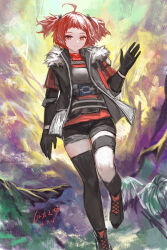  1girl absurdres ahoge arknights artist_name asymmetrical_legwear beagle_(arknights) black_gloves black_shorts black_thighhighs brown_eyes closed_mouth commentary_request dated gloves hand_up highres leg_up looking_at_viewer making-of_available short_shorts short_twintails shorts signature solo thigh-highs twintails uneven_legwear yitai_zhi_meng 