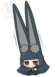  1girl absurdres animal_ear_fluff animal_ears aqua_jacket black_hair black_necktie black_skirt chibi comically_large_ears commentary_request fox_ears fox_girl full_body highres hoshimi_miyabi jacket long_hair necktie red_eyes shinonome_nashi shirt skirt solo white_background white_shirt zenless_zone_zero 