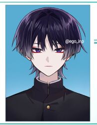  1boy alternate_costume bishounen black_hair black_jacket blue_background blunt_ends border bright_pupils choppy_bangs closed_mouth commentary_request contemporary ego_(ego_inp) expressionless eyeliner gakuran genshin_impact hair_intakes jacket looking_at_viewer makeup male_focus portrait red_eyeliner scaramouche_(genshin_impact) school_uniform solo straight-on tsurime turtleneck turtleneck_jacket twitter_username violet_eyes white_border white_pupils 