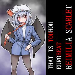 1girl alternate_costume bat_wings blue_hair blue_jacket blue_skirt blush character_name chileshi chinese_commentary closed_mouth commentary_request contrapposto english_text grey_pantyhose hat hat_ribbon highres jacket long_sleeves looking_at_viewer medium_hair mob_cap necktie open_clothes open_jacket pantyhose pointy_ears red_eyes red_necktie remilia_scarlet ribbon shirt skirt smile solo touhou typo white_shirt wings 