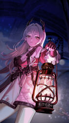  1girl arknights black_dress blurry blurry_background closed_mouth cowboy_shot dress earrings gun hair_intakes handgun highres holding holding_lantern irene_(arknights) jewelry lantern light_particles long_hair long_sleeves pantyhose pink_pupils rihi_(leehwa_owo) scar scar_across_eye scar_on_face solo standing weapon white_dress white_eyes white_hair white_pantyhose 