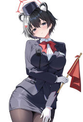  1girl absurdres animal_ear_fluff animal_ears black_hair black_hat black_pantyhose black_skirt blue_archive bow bowtie breasts extra_ears flag garrison_cap gloves grey_eyes hair_between_eyes hair_ornament halo hat highres holding holding_flag large_breasts long_sleeves miniskirt official_alternate_costume pantyhose pencil_skirt raccoon_ears raccoon_girl red_bow red_bowtie red_flag red_halo shirt short_hair skirt tour_guide tsubaki_(blue_archive) tsubaki_(guide)_(blue_archive) walkie-talkie white_gloves white_shirt xiongji_z_z 