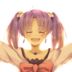  1girl ahoge backlighting blush closed_eyes commentary_request dress earrings facing_viewer fractale happy jewelry necklace nessa_(fractale) open_mouth outstretched_arms simple_background solo spread_arms twintails white_background white_dress yoru_(laciexalice) 