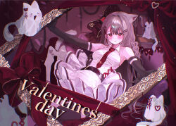  1girl :o absurdres animal_ear_fluff animal_ears black_bow black_gloves blush bow braid breasts cat_ears cat_girl cat_tail collared_dress commentary creature doa_(xmxa8422) dress elbow_gloves english_commentary english_text gloves grey_hair hair_bow hair_intakes hair_ornament hairclip highres large_bow long_hair looking_at_viewer maro_(neneko_mashiro) medium_breasts necktie neneko_mashiro outstretched_arms parallel_hairclips parted_lips picture_frame pleated_dress red_bow red_eyes red_necktie red_ribbon ribbon side_braid sleeveless sleeveless_dress solo spread_arms stellive straight_hair tail virtual_youtuber white_dress 