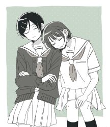  2girls ame_(ameno_ko) cardigan character_request closed_eyes closed_mouth commentary_request crossed_arms futsuu_no_keion-bu hair_ornament hairclip head_on_another's_shoulder highres kouyama_rin leaning_on_person long_sleeves monochrome multiple_girls neckerchief open_cardigan open_clothes open_mouth pleated_skirt sailor_collar school_uniform serafuku shirt short_hair short_sleeves side-by-side sitting skirt sleeping sleeping_on_person sleeping_upright socks 