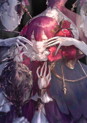  1boy absurdres commentary flower food forced_smile fruit fur_trim hair_between_eyes hair_ornament half-closed_eyes hands_on_another's_face highres original parted_lips pomegranate red_hair smile solo upper_body y!_(y83_oishi) 