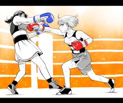  2girls blue_gloves boxing boxing_gloves boxing_ring boxing_shorts breasts commentary_request flying_sweatdrops gloves greyscale high-waist_shorts highres lee_(dragon_garou) letterboxed medium_breasts midriff miniskirt monochrome multiple_girls original ponytail punching red_gloves shoes short_hair shorts skirt sports_bra spot_color sweat toned toned_female very_sweaty 