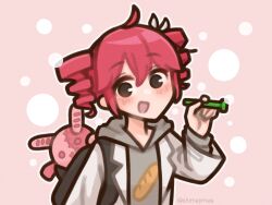 1girl ahoge backpack bag black_eyes blowing_bubbles bubble bubble_pipe drill_hair hair_between_eyes highres kasane_teto long_sleeves looking_at_viewer open_mouth red_hair shimejimee simple_background soap_bubbles solo stuffed_animal stuffed_rabbit stuffed_toy twin_drills twitter_username utau vocaloid 