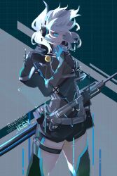  1girl belt_pouch black_bodysuit black_shorts blue_eyes blue_gloves bodysuit character_name commentary_request cropped_jacket dated floating_hair glitch gloves grey_hair hair_ornament icey icey_(game) neon_trim pouch shorts user_cven5847 