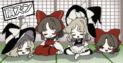  2girls apron ascot black_hat black_skirt black_vest blonde_hair bow braid brown_hair chantarou closed_mouth commentary_request detached_sleeves hair_bow hair_tubes hakurei_reimu hat hat_bow highres kirisame_marisa long_hair multiple_girls one_eye_closed open_mouth red_bow red_skirt ribbon-trimmed_sleeves ribbon_trim shouji side_braid single_braid sitting skirt skirt_set sliding_doors smile socks tatami touhou translation_request vest waist_apron white_apron white_bow white_socks witch_hat yellow_ascot yukkuri_shiteitte_ne 