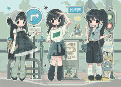  3girls absurdres arm_warmers arrow_(symbol) bag black_bag black_dress black_eyes black_hair black_skirt blunt_bangs blush cat chocozy_family closed_mouth clothes_around_waist commentary_request dress full_body highres holding holding_bag jacket jacket_around_waist korean_commentary long_hair looking_at_viewer midriff_peek multiple_girls original outdoors pants plant ponytail road_sign shirt shoes short_sleeves shorts sign skirt socks standing striped_clothes very_long_hair white_shirt 