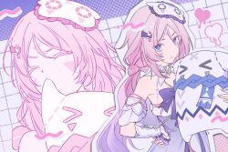  1girl :t angduuuu_(ghost) bare_shoulders biting blue_eyes citlali_(genshin_impact) citlali_(whispers_of_stars_and_smoke)_(genshin_impact) citlalin_(genshin_impact) commentary detached_sleeves facial_mark genshin_impact gradient_hair hand_on_own_hip holding long_hair looking_at_viewer low_twintails multicolored_hair pink_hair pink_pupils projected_inset sleep_mask twintails untranslatable_commentary 