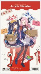  2girls apron black_dress black_hair black_pantyhose blue_archive blue_halo blush box cardboard_box closed_eyes commentary_request demon_horns dress full_body fuuka_(blue_archive) hair_between_eyes hair_on_horn halo headscarf highres holding holding_box horns juri_(blue_archive) loafers long_hair long_sleeves looking_at_another multicolored_necktie multiple_girls necktie nuudoru open_mouth pantyhose pink_hair pointy_ears red_eyes red_halo shoes twintails white_apron wide_sleeves yellow_headscarf 