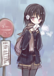  1girl amakaze_sora backpack bag black_hair black_jacket black_pantyhose breath brown_eyes brown_scarf brown_skirt bus_stop_sign day earmuffs envelope hair_between_eyes heart holding holding_envelope jacket love_letter lowres original outdoors pantyhose pleated_skirt scarf sketch skirt solo 