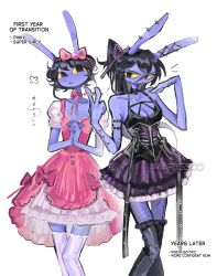  1girl absurdres animal_ears artist_name black_choker black_corset black_eyes black_hair black_thighhighs bow breasts choker cigarette colored_sclera commentary corset dress dress_bow english_commentary english_text fishnet_pantyhose fishnets furry furry_female gender_transitioning hair_bow highres holding holding_cigarette jax_(female)_(the_amazing_digital_circus) jax_(the_amazing_digital_circus) long_hair maleantee own_hands_together pantyhose pink_bow pink_choker pink_dress ponytail purple_bow rabbit_ears rabbit_girl short_hair the_amazing_digital_circus thigh-highs white_thighhighs yellow_sclera 