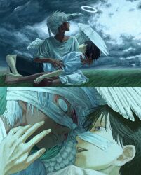  2boys angel angel_wings bandages bandaid bandaid_on_face black_hair black_shorts bleeding blood clouds cloudy_sky commentary_request grass halo highres kojima_midoriko lying_on_lap multiple_boys open_mouth original parted_lips shirt short_hair short_sleeves shorts sky white_hair white_halo white_shirt wings 