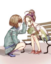  2girls absurdres bare_shoulders brown_eyes brown_hair commentary from_side green_eyes hair_bun hairband heaven_burns_red highres holding holding_stuffed_toy jacket kr_woyue looking_at_another multiple_girls on_bench ooshima_muua ooshima_yotsuha short_hair sitting stuffed_animal stuffed_toy track_jacket untranslatable_commentary 