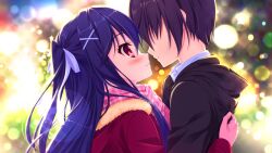  1boy 1girl blue_hair brown_coat brown_hair closed_mouth coat duffel_coat face-to-face faceless faceless_male from_side fur-trimmed_coat fur_trim game_asset hinata_nao hood hooded_coat hoshimi_asuka hug light_smile long_hair long_sleeves night non-web_source official_art one_side_up outdoors pink_scarf profile red_coat red_eyes scarf shirt standing white_shirt yuuwaku_scramble 
