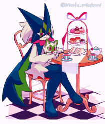  :3 basket cafe cake checkered_floor commentary_request crossed_legs cup food green_fur meowscarada nikoru pokemon pokemon_(creature) quiche red_eyes sandwich smug sprigatito table tea teacup teapot wavy_mouth white_fur 