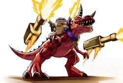  2boys character_name claws clenched_teeth collar commentary devil_dinosaur dinosaur dinosaur_tail dual_wielding english_commentary fangs gun heart_pendant highres holding holding_gun holding_weapon horns jeff_the_land_shark looking_at_viewer looking_to_the_side marvel marvel_rivals moon_girl_and_devil_dinosaur multiple_boys name_tag open_mouth pocho22059768 riding shark tail teeth weapon white_background 