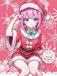  1girl belt black_belt blue_eyes blue_ribbon blush closed_mouth commentary_request dress hand_on_own_head hat headset highres looking_at_viewer monster_strike opeko_(monster_strike) pink_background pink_hair ribbon ryo_(0626kk) santa_costume santa_dress santa_hat sidelocks sitting snowflakes solo 
