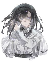  1girl absurdres adjusting_hair arknights black_hair black_hairband chinese_commentary coat commentary_request cropped_torso diamond-shaped_pupils diamond_(shape) glowing glowing_eyes hairband hand_up highres kong_ming_kmmo long_hair long_sleeves looking_at_viewer parted_lips priestess_(arknights) simple_background solo sweater symbol-shaped_pupils turtleneck turtleneck_sweater upper_body violet_eyes white_background white_coat white_sweater 