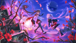  2girls :d absurdres ankle_boots artist_name black_shirt black_thighhighs boots braid brown_hair bug butterfly commentary company_connection emoji english_commentary eyewear_on_head fishnet_thighhighs fishnets full_body genshin_impact hair_ornament hair_rings highres honkai:_star_rail honkai_(series) hu_tao_(cherries_snow-laden)_(genshin_impact) hu_tao_(genshin_impact) junebuart long_hair long_sleeves miniskirt multiple_girls night official_alternate_costume official_alternate_hairstyle open_mouth pink_eyes profile red_skirt shirt single_thighhigh skirt sky smile sparkle sparkle_(honkai:_star_rail) sparxie_(candy-coated_waves)_(honkai:_star_rail) sparxie_(honkai:_star_rail) sunglasses surreal symbol-shaped_pupils tassel thigh-highs twintails two_side_up very_long_hair white_hair x_hair_ornament 
