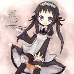  1girl amakaze_sora apron black_dress black_hair black_thighhighs blue_eyes breasts collared_dress commentary_request cup dress dutch_angle grey_apron heart holding holding_tray layered_sleeves long_hair long_sleeves maid maid_apron maid_headdress original puffy_short_sleeves puffy_sleeves saucer short_over_long_sleeves short_sleeves small_breasts solo star_(symbol) tea teacup thigh-highs tray twintails very_long_hair 